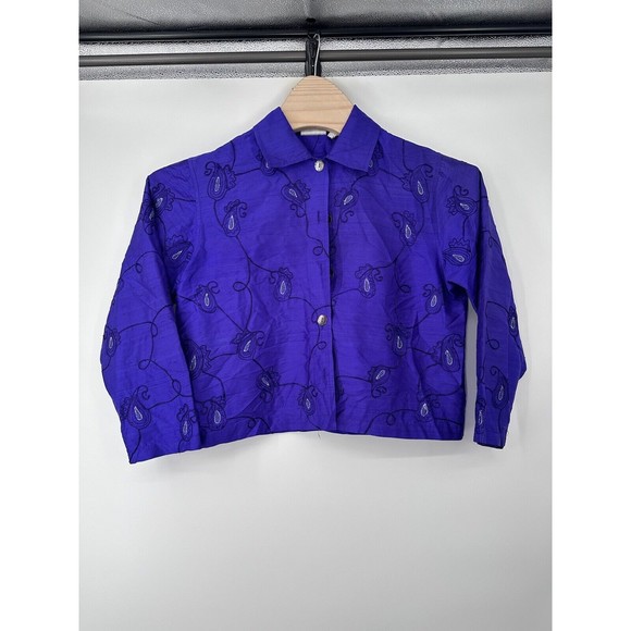 Vintage Chicos Cardigan Silk 1 Medium Blue Embroidered Lightweight Shell  Button - Picture 4 of 9